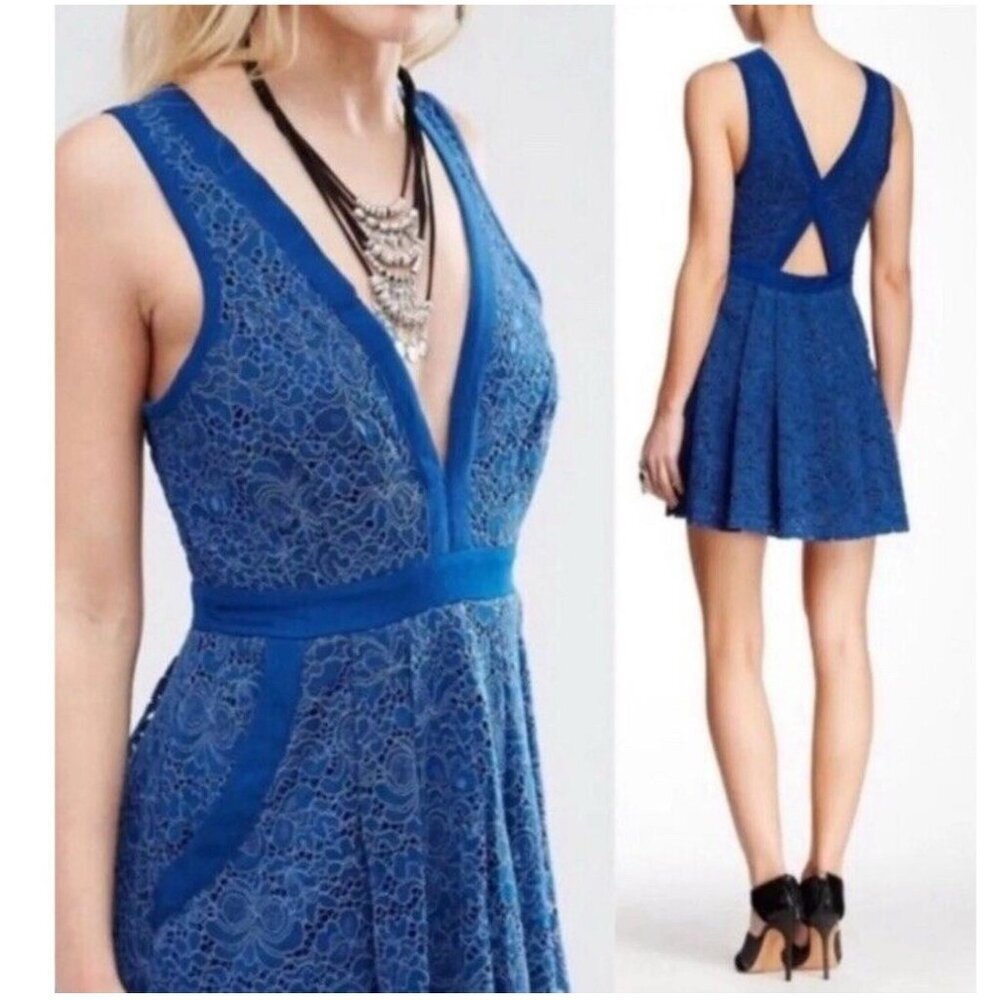 Free People Brilliant Dress M Medium Blue Pockets A Line Cut Out NEW $128